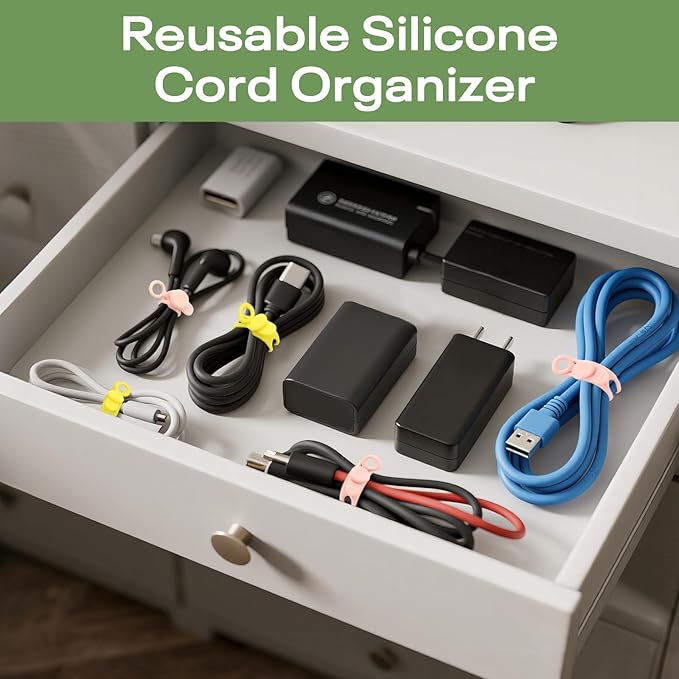 Silicone Cord Ties Reusable Cord Organizer for Charging Cables, Electrical Cords, Computer Wires, USB Data Cable Management(24Pcs, Black)