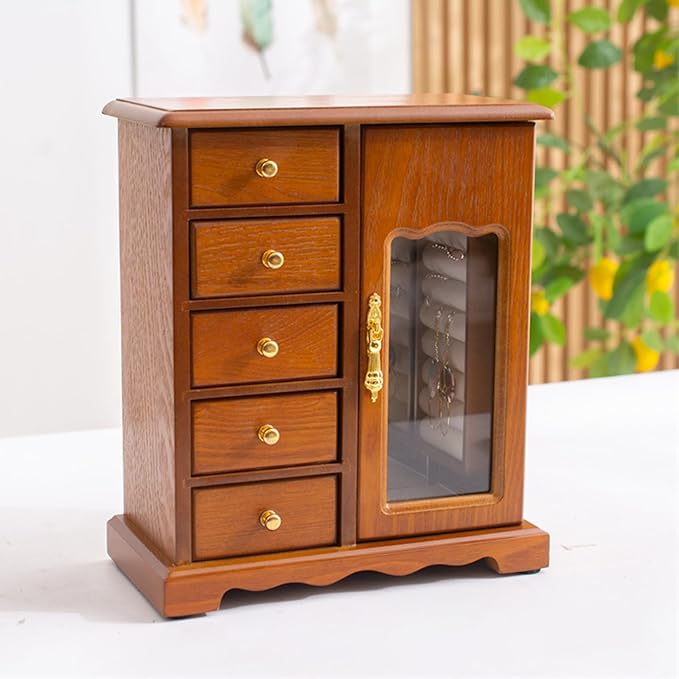 Wooden Jewelry Box, Jewelry Organizer With 5 Drawers Built-in Necklace Carousel and Mirror for Necklaces, Earring, Rings (Light Wood Color)