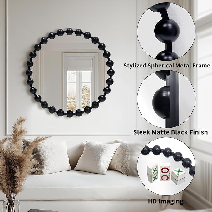 Round Black Mirror 24'', Spherical Frame Round Beaded Mirror for Wall Decor Large Circle Mirror for Bathroom, Dining Roon, Bed Room, Entryway