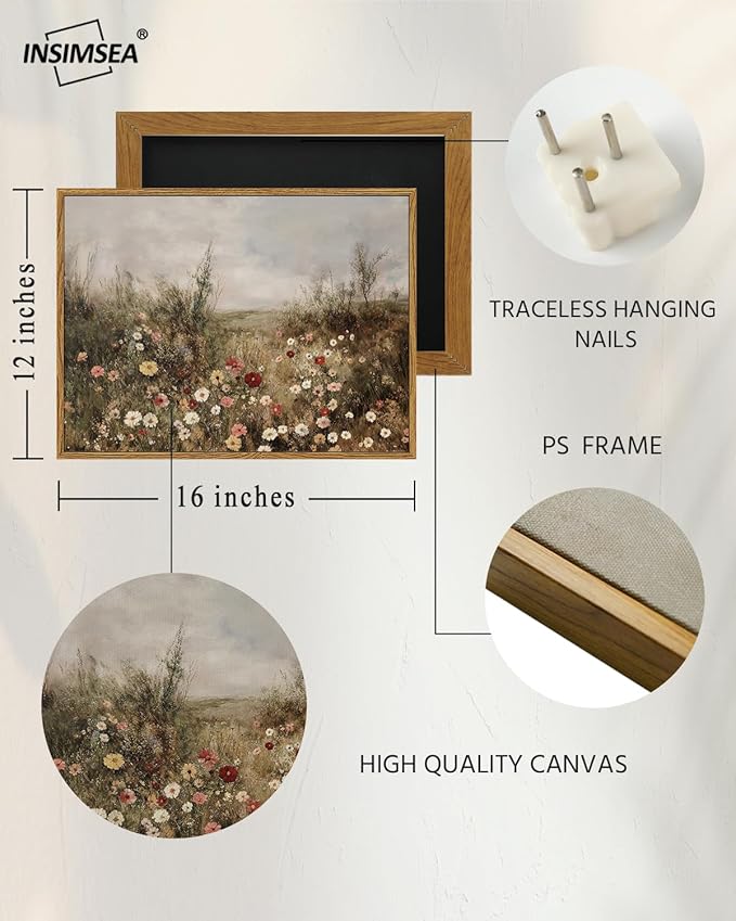 InSimSea Framed Canvas Prints Art Vintage Decor, Classical Wildflower Field Meadow with Flowers Painting, Rustic Landscape Wall Art for Living Room Bedroom Home Bathroom Wall Decor, 12x16inch
