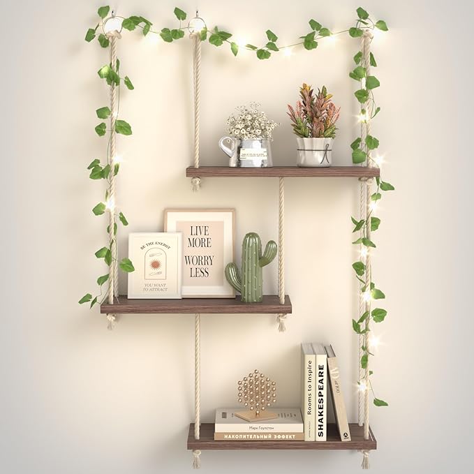 REFGY Hanging Shelves for Wall with Vine Lights, 3 Tier Rope Wall Hanging Plant Shelf, Boho Wall Decor Aesthetic for Succulents, Bedroom, Living Room, Bathroom (Rustic Brown)