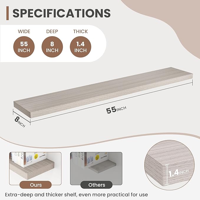 Acovy 55 Inch Floating Shelves, 8 Inch Deep Floating Shelves for Wall, Hanging Shelf with Invisible Brackets, Deep Shelves for Bathroom, Bedroom, Living Room, Grey, Set of 2