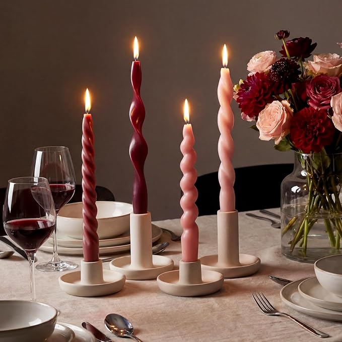 Nuanchu 4 Pcs Twisted Taper Candles Wax Unscented Smokeless Spiral Swirl Candlesticks for Wedding Holiday Dinner Party Home Decorations(7.87 Inch,Pure,Purple)