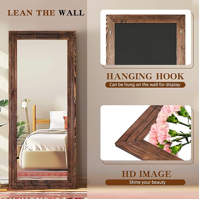 Full Length Mirror 71"x30" Solid Wood Frame Floor Large Mirror for Living Room, Bedroom Hanging or Leaning Wall-Mounted, Brown