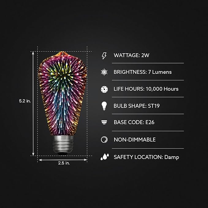 Feit Electric Infinity 3D Fireworks LED Light Bulb, ST19 LED Bulb, ST19/PRISM/LED,1 Count (Pack of 1), Multicolor