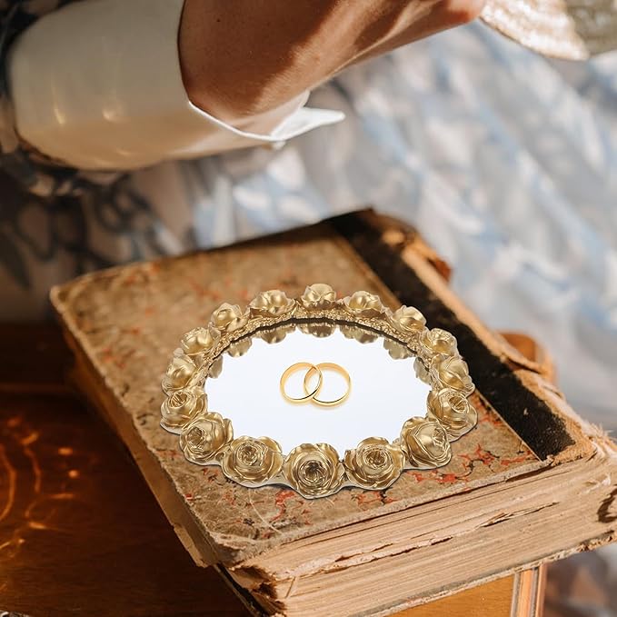 FRCOLOR European Style Rose Mirror Decorative Tray Jewelry Accessory Dish Gold Dressing Table Makeup Organizer for Home Décor and Snack Serving