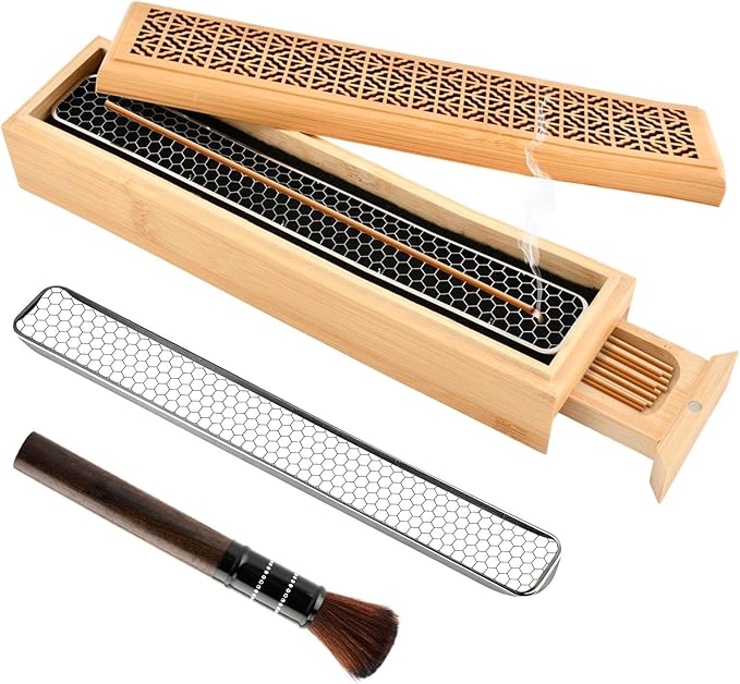 Incense Holder Burner, Coffin Double Layer Wooden Ash Catcher with Storage Drawer & Lid, Includes Zen Brush and Incense Stand for Meditation, Yoga Room, Home, Office