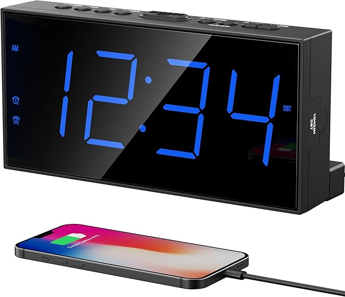 Large Display Alarm Clock for Bedroom, Easy to Read 7.5" LED Clock with Big Numbers, Dual Alarm for Couples, 5-Level Dimmer, Loud Alarm for Heavy Sleepers, USB Charger, Plug-in with Battery Backup