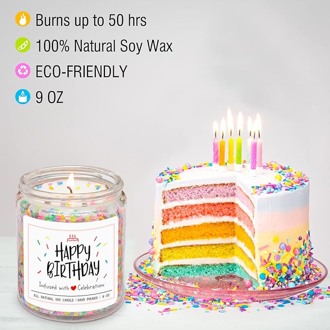 Homsolver Happy Birthday Gifts for Women Men, Vanilla Cream Scent with Sprinkles Candy Birthday Candles, Unique Best Friend Idea Gifts, Handmade Candle Decor