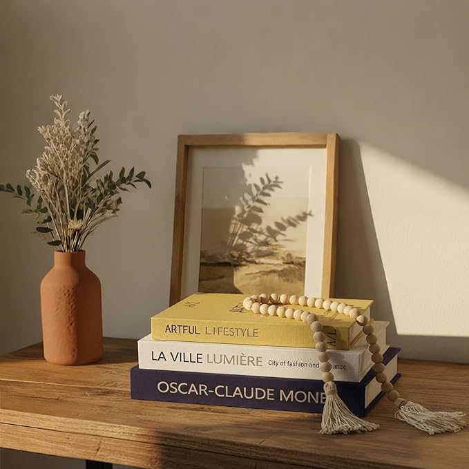 Aesthetic Decorative Books for Home Decor w. Wood Bead - Set of 3 Linen Fake Books for Decoration, Coffee Table Book Box Decor for Mantle/Bookshelf/Farmhouse/Entryway/Nightstand