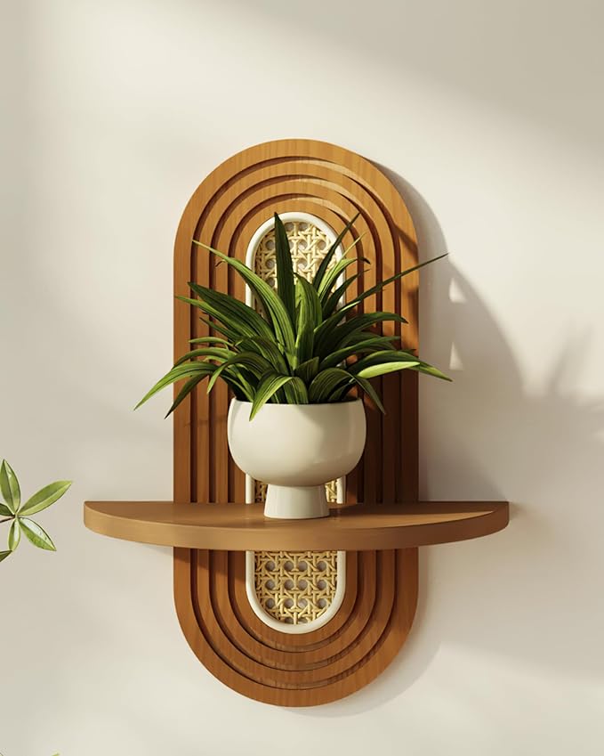 Bamworld Boho Wall Decor Brown Plant Wall Shelf, Mid Century Modern Decor Hanging Plant Shelf, 1-Tier Bamboo Floating Shelves for Home, Bathroom Bedroom Living Room, Office Holding Planter Decoration