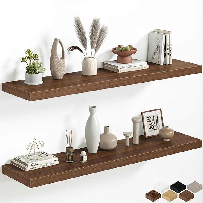 48 Inch Floating Shelves, 12 Inch Deep Wall Shelves, 48 x 12 Floating Shelf Set of 2, Walnut Rustic Wood Floating Shelf Wall Mounted for Large Kitchen Living Room Bedroom Bathroom Storage