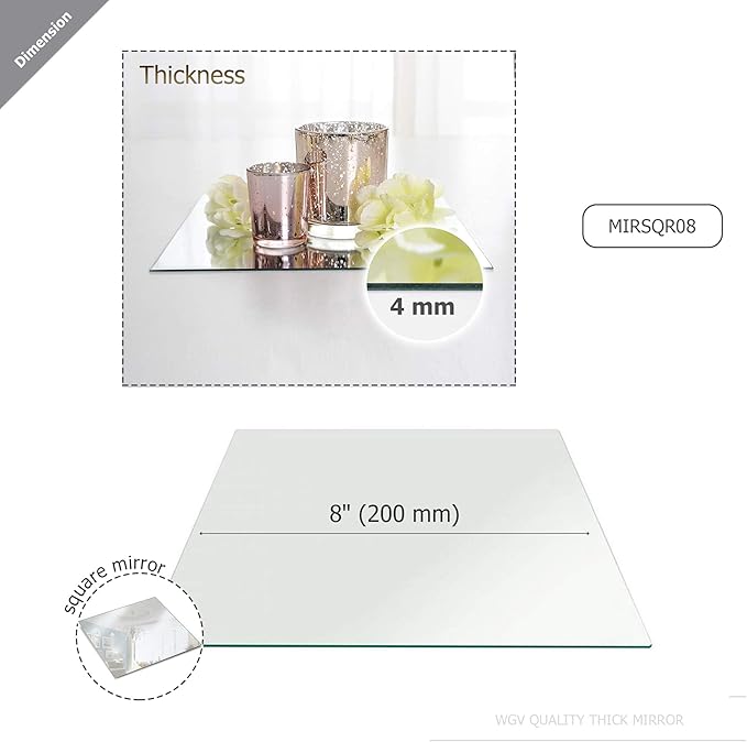 WGVI WGV Square Mirror Plate Sets Bulk 8" Width, 4.5 mm Thickness, Frameless Sanded Edges, Quality Thick Candle Tray, Home Event Party Wedding Table Centerpiece Wall Decor, 12 Pieces