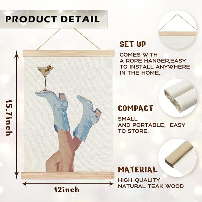 RYYCDOI Coastal Cowgirl Wall Art, Trendy Light Blue Cowgirl Boots Martini Wall Art Poster, Preppy Western Cocktail Wall Decor for Home Lounge Bar Pub Club Kitchen, Bat Cart Wall Decor, 12x16 Inches