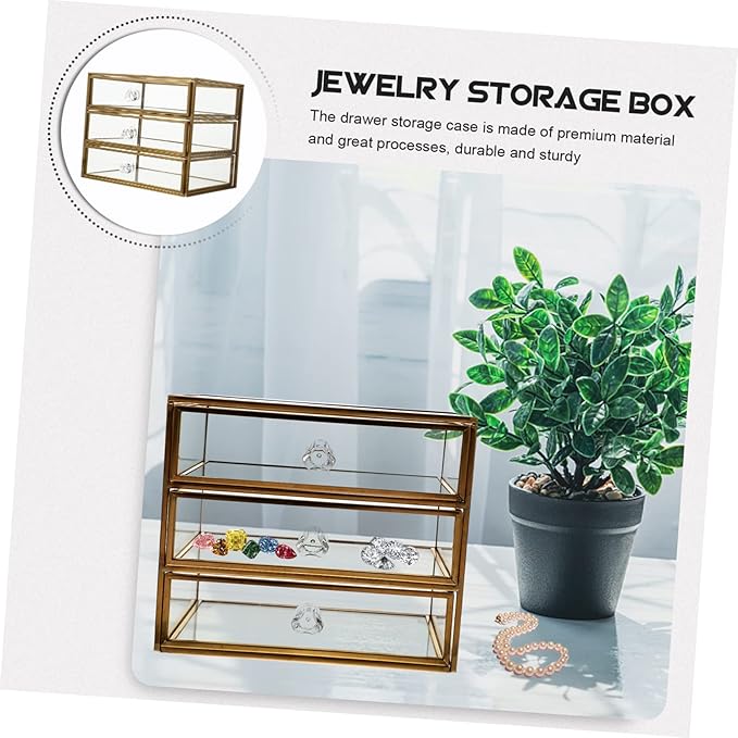 3-Tier Drawer Jewelry Storage Box Glass Organizer Alloy Frame for Necklaces Bracelets Earrings and Cosmetics for Home or Travel