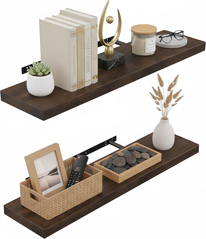 Lufia Floating Wall Shelves, Set of 2, MDF with Invisible Brackets, Modern Storage for Bedroom, Bathroom, Living Room, Kitchen (Rustic Brown, 28" W x 7" D x 1.5" H)