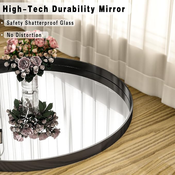 24 inch Round Bathroom Mirror, Wall Mounted Circle Mirror with Black Metal Deep Frame for Living Room, Hallway, Entryway as Wall Decor, Hanging or Leaning