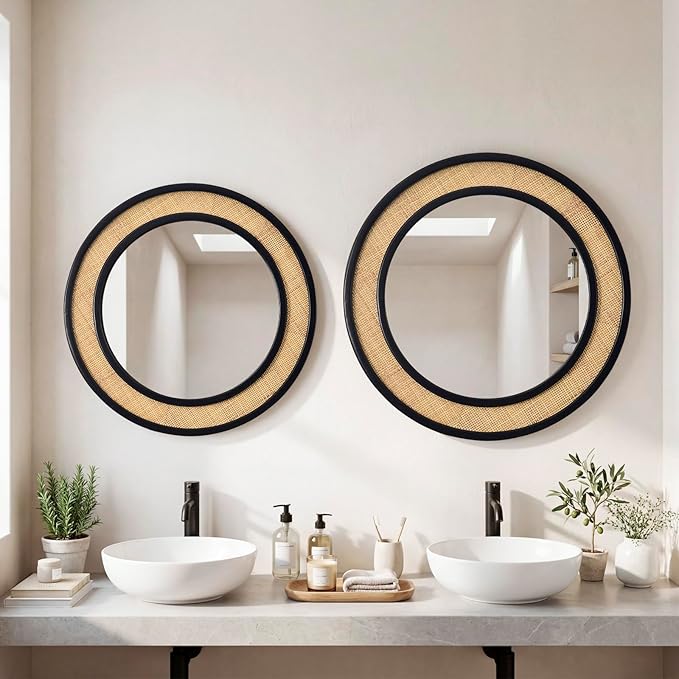 Round Rattan Mirror, 30" Circle Wall Mirror, Farmhouse Wooden Vanity Mirror with Handmade Wicker Frame, Decorative Boho Mirror for Nursery Bedroom Living Room Entryway Black