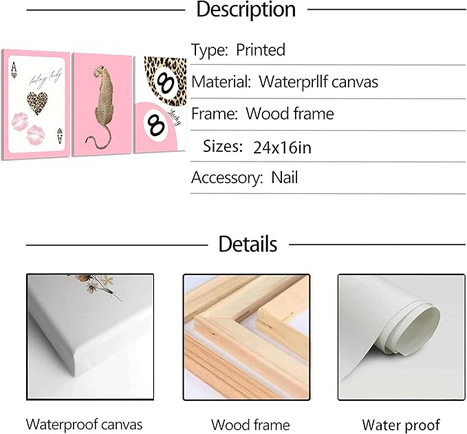 3Pcs Pink Trendy Leopard Print Canvas Wall Art, Fashion Cheetah Posters,Luxury Playing Card Pictures,Y2k Preppy Aesthetics Wall Decor for Girls' Room Bedroom Dorm Apartment. 16x24in Framed