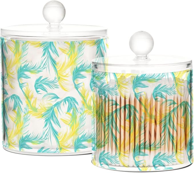 Hand-drawn Design Phoenix Neon Yellow Blue Clear Plastic Makeup Organizer Storage with lid Dresser Essentials Decorative storage bins for Cotton Swabs,Cotton Pads,Floss Picks,Paper