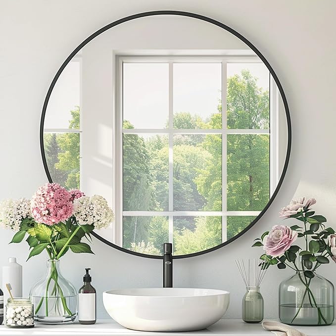 Round Black Mirror, 24 Inch Circle Black Mirror, Metal Frame Round Wall Mounted Mirrors for Bathroom, Living Room, Bedroom, Entryway, Vanity