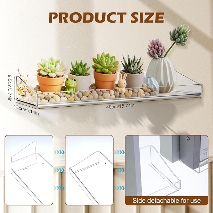 4 Pack Acrylic Shelves for Bathroom Wall with Adhesive,No Drilling Floating Shelves,Room Decor, Wall Shelf Organizer for Collectibles,Makeup,Perfume,Invisible Bookshelf