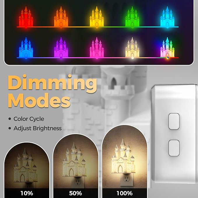 DORESshop Night Lights Plug into Wall,3D Printed Castle RGB Night Light,10-Color Change NightLight, 3 Level Brightness Adjustable Dimmable Nightlights with Dusk to Dawn Sensor for Bathroom Hallway