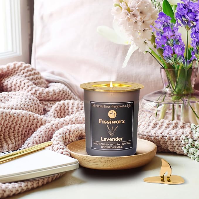 FissiWorx Lavender Scented Candle with Candle Topper – Natural Soy Wax Hand-Poured – Relax and Relieve Stress – 60-Hour Long-Lasting Burn – Premium Aromatherapy Candle for Home Decor, Gifts