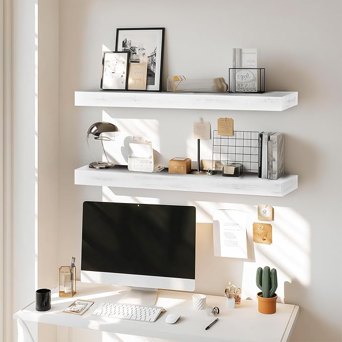 36x6.8x2 Inch Rustic Floating Shelves for Wall Set of 2 - White Solid Wood Wall Mounted Shelves with Invisible Bracket, Extended Design for Farmhouse Living Room Bedroom Kitchen Decor