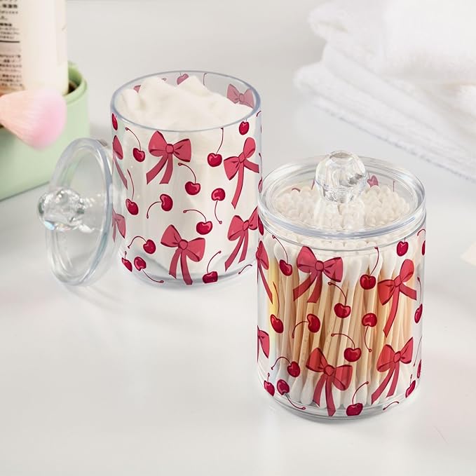 ALAZA 2 Pack Qtip Holder Dispenser for Cotton Ball Pink Cherry Bow Cotton Swab Round Pads Clear Plastic Acrylic Jar Set Bathroom Canister