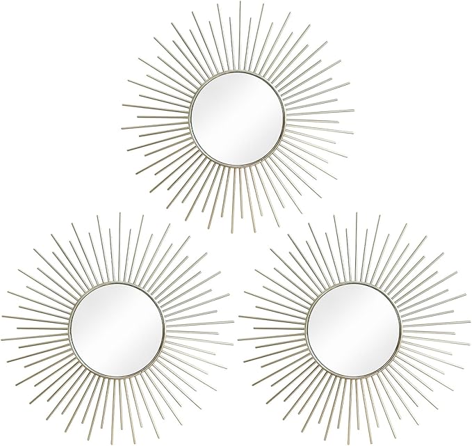 3 Pack Metal Mirrors for Wall Sunburst Wall Mirrors Home Décor Decorative Hanging Wall Art for Living Room Bedroom Entryway (Silver2, Sunburst)
