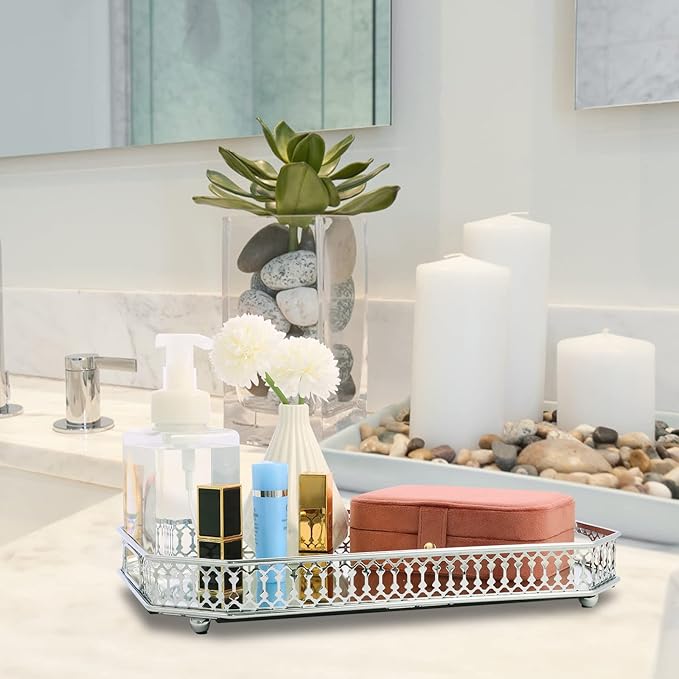 Perfume Vanity Mirror Tray - Durable Decorative Organizer for Dresser, Bedroom, Bathroom Countertops - Spacious 13.8x9.6x2.2 Inches, Scratch-Resistant - Silver