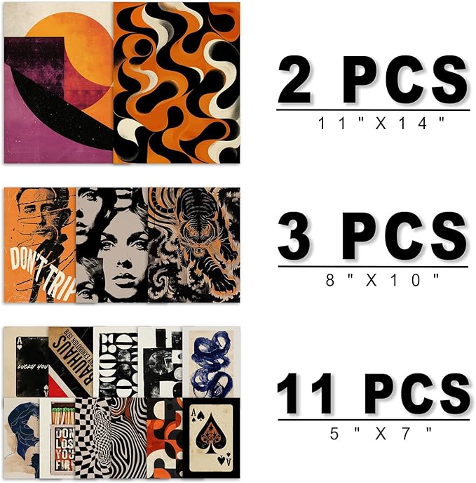 ANERZA 16 PCS Retro 70s Wall Art Decor, Eclectic Vintage Gallery Wall Prints for Bedroom, Abstract Minimalist Posters for Living Room Aesthetic, Collage Kit Pictures, 60s 80s 90s Dorm Home Decor