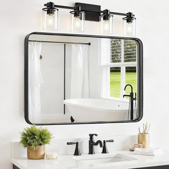 Bathroom Mirror 30x22 Inch Black Metal Frame Rectangle Vanity Mirror with Rounded Corners, Modern Wall Mounted Anti-Rust Mirror for Farmhouse, Restroom, Entryway, Horizontal or Vertical Hanging