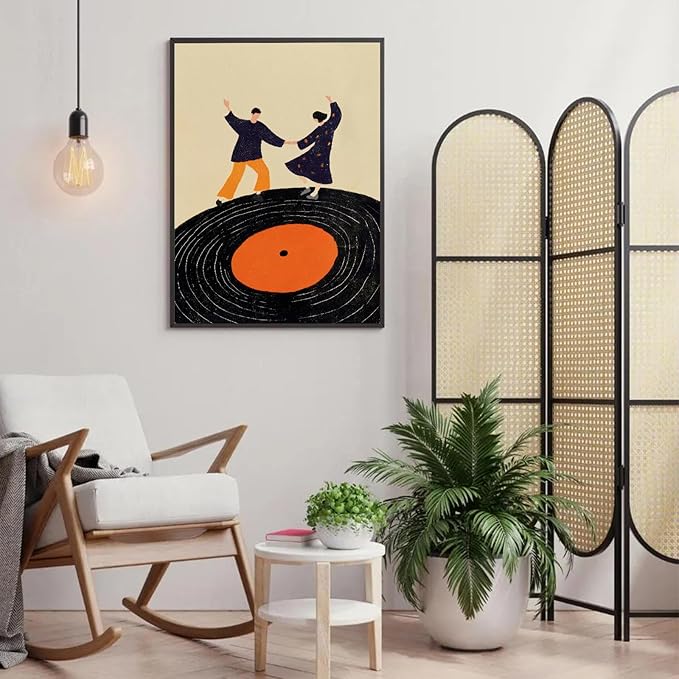Retro Vinyl Record Canvas Wall Art Trendy Music Wall Art Music Dancing Couple Poster Funky Abstract Canvas Print Modern Pop Inspired Illustration for Home Bar Living Room Bedroom, 16x14inch Unframed