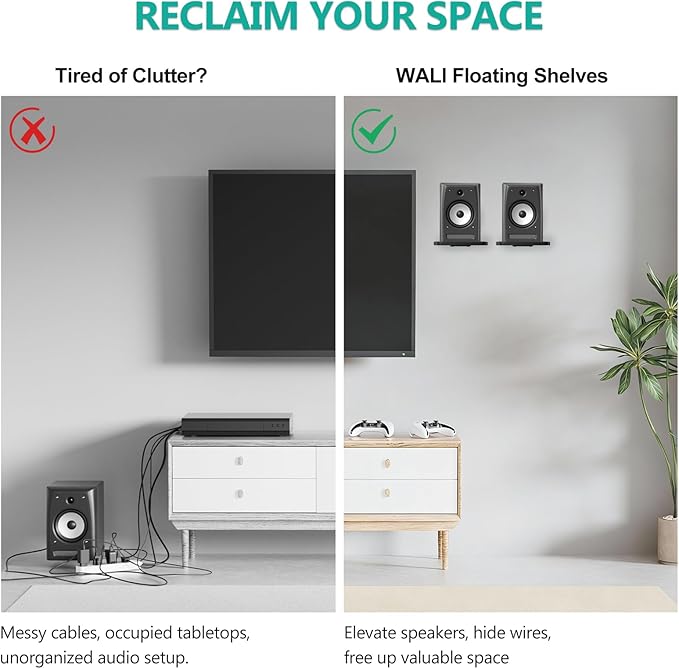WALI Speaker Wall Mount, Heavy Duty Bookshelf Speaker Floating Wall Shelves, Surround Sound Speakers Stand for Living Room, Home Theater and Gaming Room, Holds up to 55 Lbs, (SWM302B), 1 Pair, Black