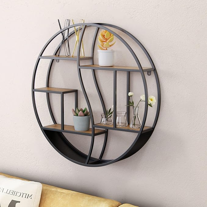Round Wall Shelf,24 inch Metal Circle Shelf Wood Floating Shelves,Rustic Black Wall Mounted Display Organizer Shelf for Fireplace,Living Room,Bathroom