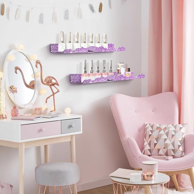 Rainbow Glitter Acrylic Floating Shelves, 23.6" Wall Mounted Nursery Bookshelves, Display Ledge for Books Toys Cosmetic Storage, Bathroom Bedroom Living Room Wall Organizer, 2 Pack, Purple
