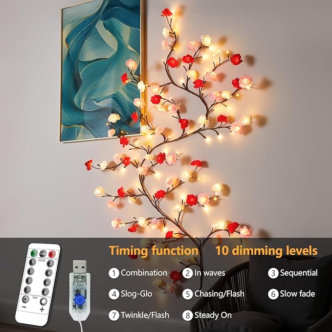 FNHMSL Rose Blossom Enchanted Willow Vine Lights, 7.55FT 144LED 3 Color Rose Blossom Tree Branch Lights for Wall, Remote Timer,8 Light Model,Bedroom Wall Doors Wedding, Christmas, USB Battery Box