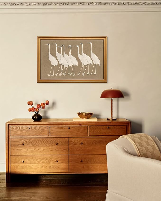 InSimSea Gold Framed Canvas Prints Wall Art, Vintage Bathroom Decor, Classical Cranes Animals Paintings Farmhouse Large Wall Decor Aesthetic, Retro Pictures for Bedroom Living Room, 16x24inch