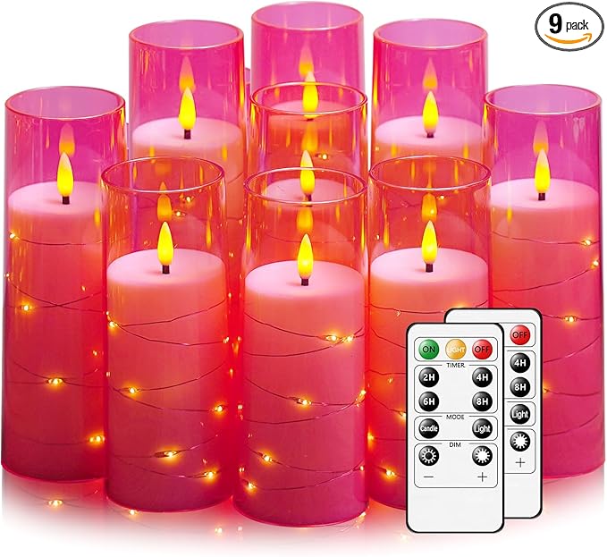 Nimiko Flickering Flameless LED Candles,Battery Operated Candles 9 Pcs with Embedded Star String,Acrylic LED Pillar Candles with Remote,Suitable for Home Decoration to Create an Atmosphere (Pink)