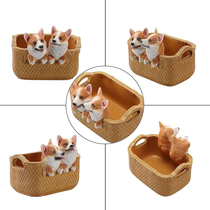Dog Resin Storage Basket, Desktop Organizer for Remote & Keys, Cute Home Decor Tray, Ideal present for Pet Lovers.(Two corgis)