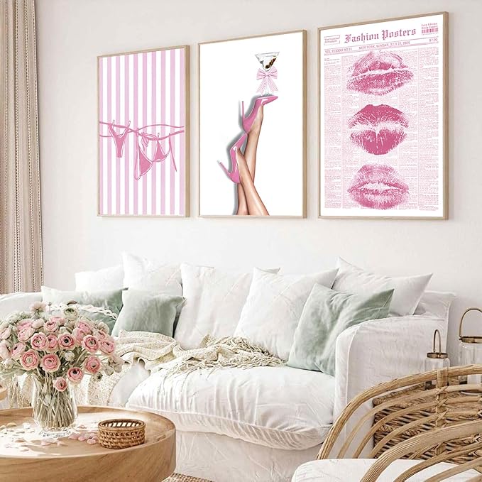 3Pcs Trendy Coquette Wall Art Pink Lips Bikini & Bow Heels Wall Decor Pictures Vintage Martini Newspapaer Canvas Posters Prints for Y2K Girly Room Dorm Apartment Preppy Aesthetic Decor 12x16in
