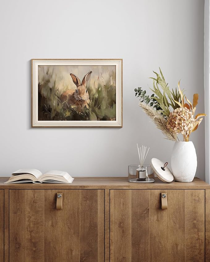 VIYYIEA Framed Wall Art for Living Room, Rabbit Canvas Prints Vintage Home Decor, Animals Painting Picture Bathroom Wall Decor, Easter Gifts for Friends or Family -【Silly Bunny】-(16L x 12W)
