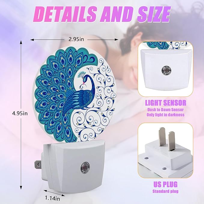 Blue Peacock Night Light Vintage Feathers Night Lights LED Lamp Round Plug into Wall Nightlight with Dusk to Dawn Sensor Home Hallway Stairway Kitchen Decor