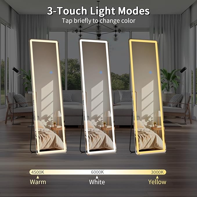Koonmi LED Full Length Mirror, 63"x20" Full Length Mirror with Lights, Lighted Floor Mirrors with Stand, Full Body Mirrors with Dimming & 3 Color Lightingfor Living Room Cloakroom, White
