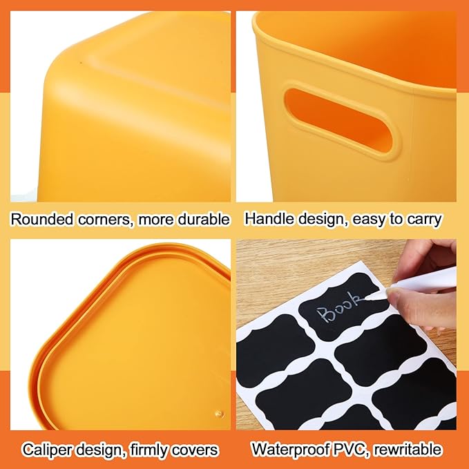 Tanlade 4 Pcs Plastic Storage Bins Stackable Baskets with Lid and Handle Colorful Desktop Storage Box Cubby Containers for Shelf Bedroom Office, Include 1 Erasable Marker, 16 Stickers(10 x 7 x 6 in)