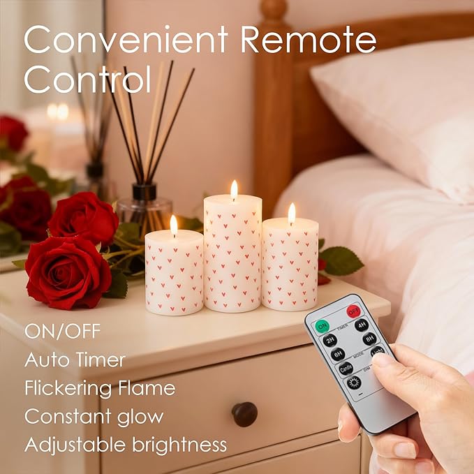 LUSHARBOR Flameless Candles with Remote, Battery Operated Pillar Candles for Valentine's Day Decoration Real Wax Electirc LED Candles for Romantic Home Table Centerpiece Decor Set of 3