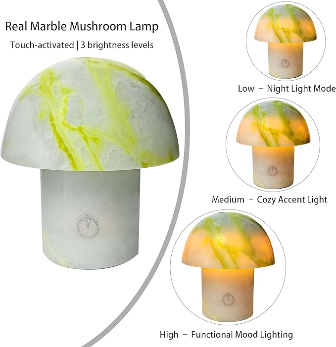 Arctic Green Gemstone Mushroom Lamp - Natural Luxury Stone Night Light with LED, Touch Control 3 Brightness, USB Rechargeable Bedside Decor Gift