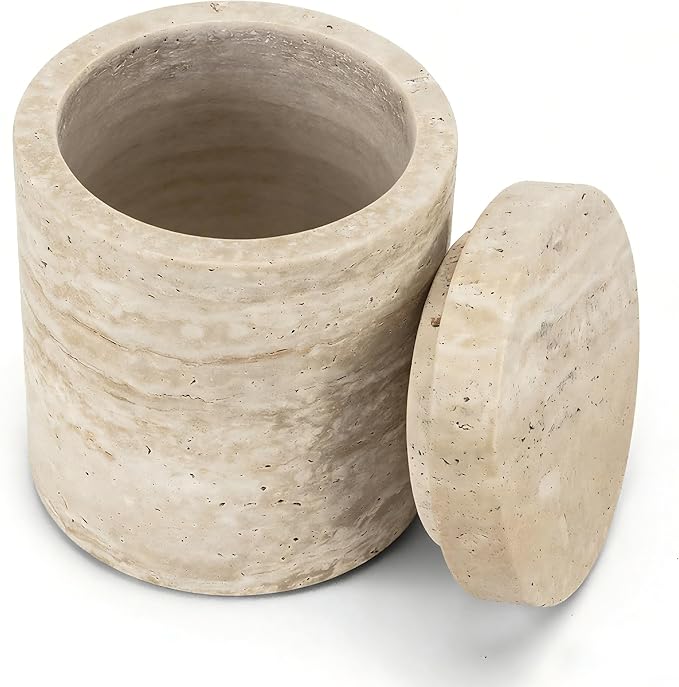 Natural Marble Storage Round Containers Cotton Swab Holder, Organizers with Lids,Travertine Stone Box for Qtips, Makeup, Bathroom Essentials & Home Storage (round box)
